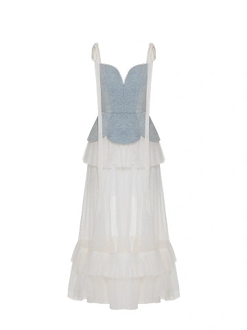 Maxi dress made of blue denim and white mesh, 1
