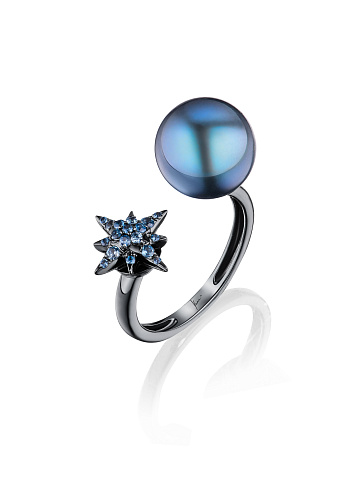 Blue Round Sapphire, Pearl & Black Gold Ring, 1
