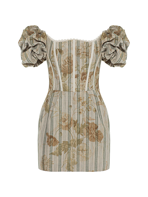 Beige linen mini dress with floral print, 1 Beige linen mini dress with floral print, 1