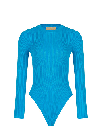 Aqua Blue Ribbed Jersey L/S Round Neck Bodysuit, 1