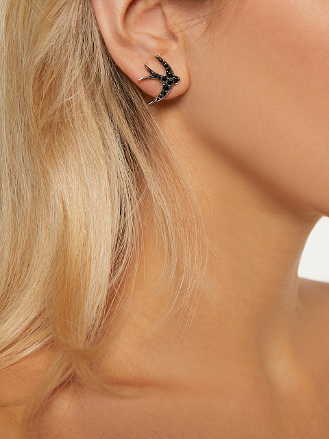 Bird-shaped white gold stud earrings with black diamonds, 2