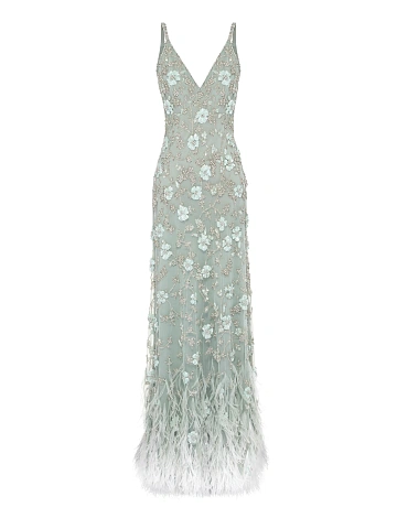 Green Embroidery & Feather Chiffon Maxi Dress, 1