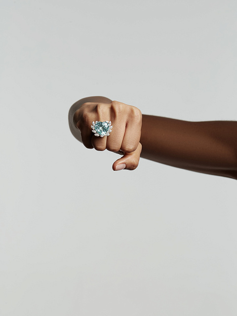 Tourmaline Paraiba, Marquise, Princess Cut, Round Diamond & White Gold Ring, 6