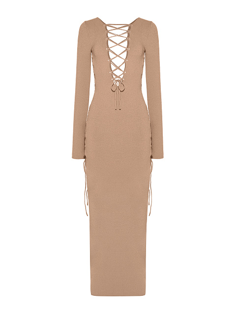 Beige Lace Up Jersey Maxi Dress, 2 Beige Lace Up Jersey Maxi Dress, 2