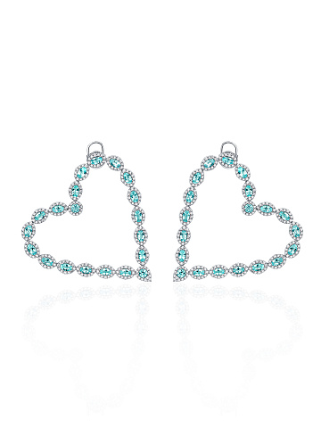 Oval Tourmaline Paraiba, Round Diamond & White Gold Heart-Shaped Earrings, 1
