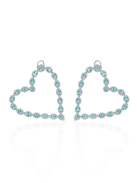 Oval Tourmaline Paraiba, Round Diamond & White Gold Heart-Shaped Earrings, 1