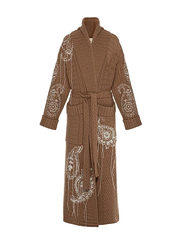 Brown cable knit coat with embroidery, 1