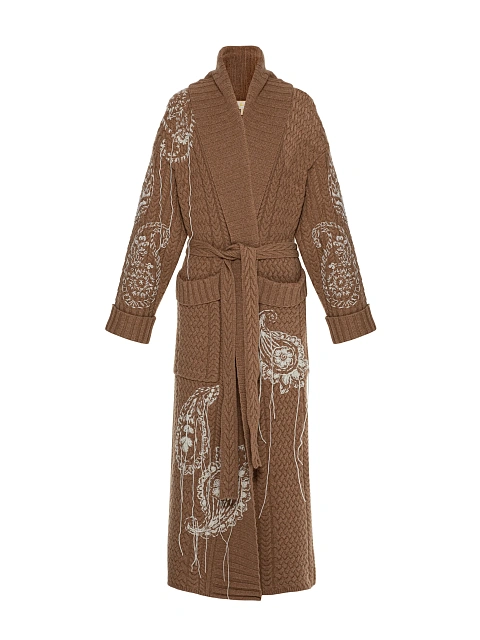 Brown cable knit coat with embroidery, 1 Brown cable knit coat with embroidery, 1