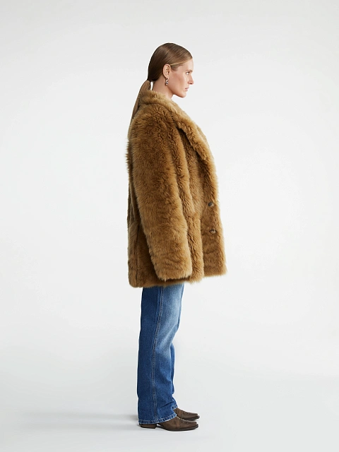 Brown Cropped Sheepskin Coat, 4