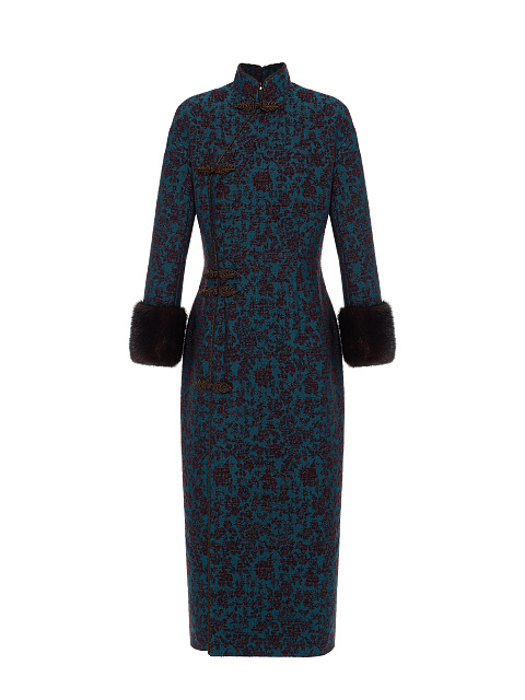 Blue Jacquard Midi Dress With Mink Fur Cuffs, 1