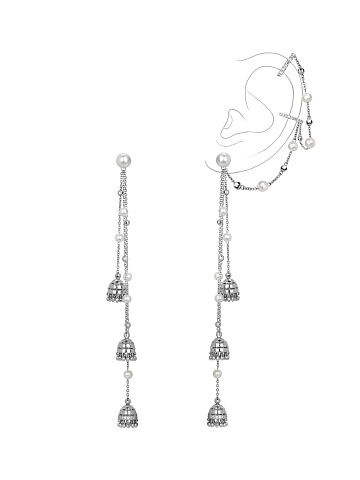 Pearl & Round Diamond & White Gold Tassel Earrings, 1