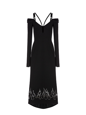 Black Rayon Rhinestones Midi Dress, 1