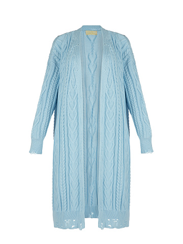Blue Cotton Cable Knit Distressed Long Cardigan, 1