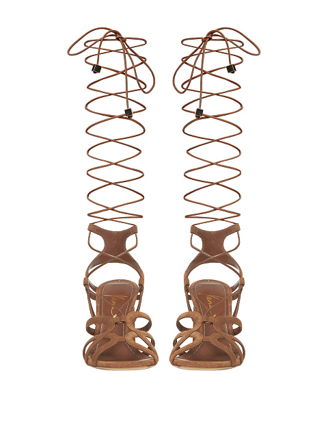 Brown Suede Lace Up Heeled Sandals, 2