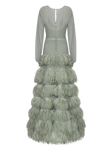 Light Grey Ostrich Feathers & Chiffon Maxi Dress, 2