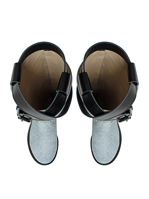 Light Blue Denim & Leather Buckled Knee Boots, 4