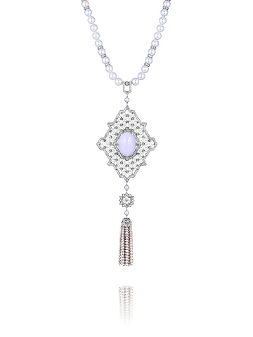 Jade, Gray Round Diamond, Gray Akoya Pearl & White Gold Tassel Necklace, 1