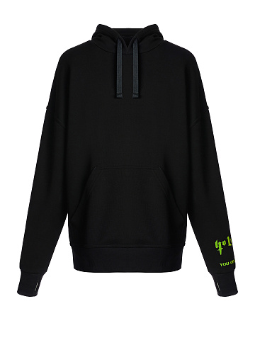 Neon Green Back Printed Black Cotton Hoodie, 2