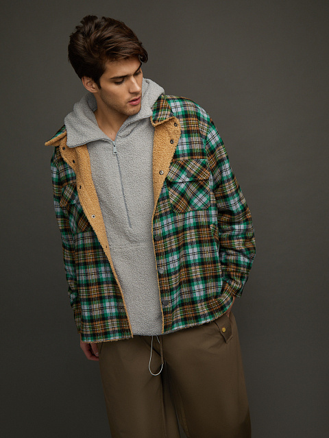 Men's Green Checked Faux Fur Lined Shirt, 6 Men's Green Checked Faux Fur Lined Shirt, 6