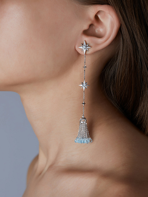 Briolette Topaz Sky Blue & Round Topaz Sky Blue & White Gold Tassel Earrings, 3