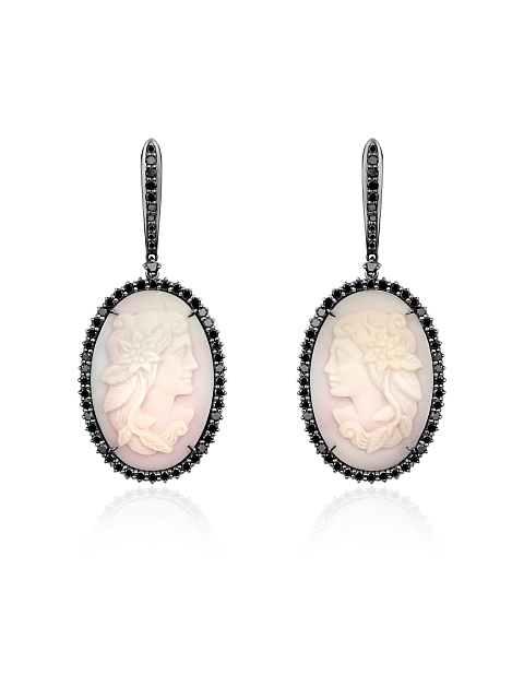 Cameo on Shell & Black Round Diamond & Black Gold Earrings, 1