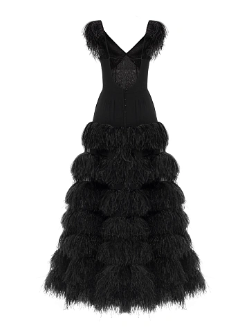 Black Feather Trim Chiffon Maxi Dress, 2