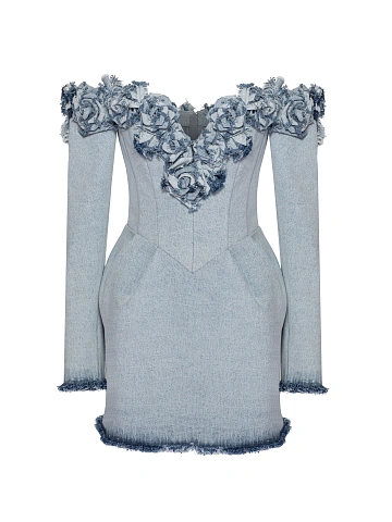 Light Blue Washed Denim Rose Mini Dress, 1