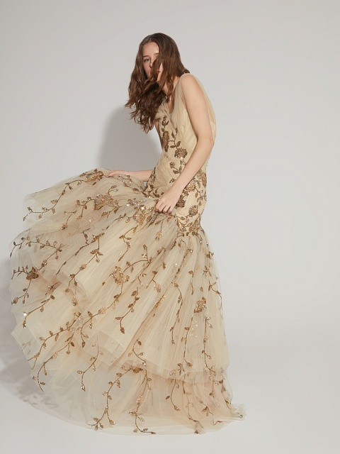 Beige Asymmetric Embroidered Mesh Maxi Dress, 5 Beige Asymmetric Embroidered Mesh Maxi Dress, 5
