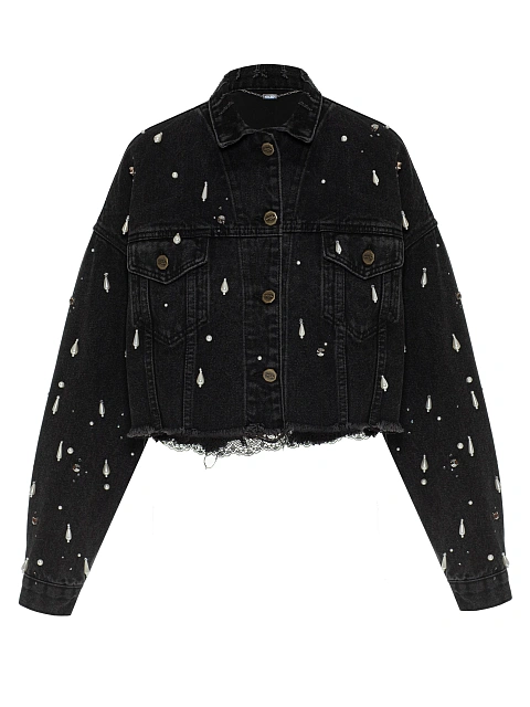 Black denim jacket with beads and rhinestones, 1 Black denim jacket with beads and rhinestones, 1