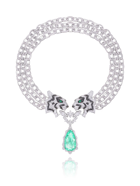 Necklace with a removable pendant in white gold with emerald and diamonds, 1