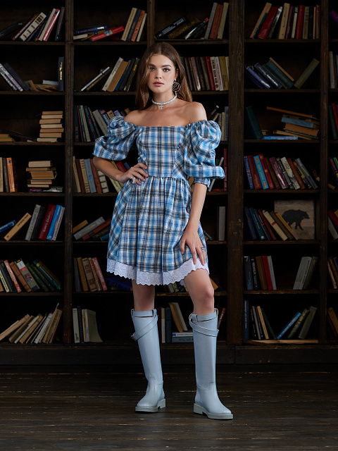 Light Blue Leather Buckled Knee Boots, 5