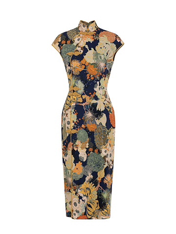 Navy Blue Floral Print Midi Dress, 1