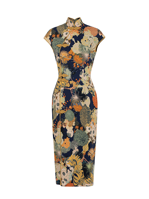 Navy Blue Floral Print Midi Dress, 1