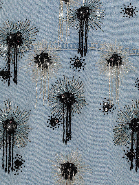 Light blue denim jacket with black and white beaded embroidery, 4 Light blue denim jacket with black and white beaded embroidery, 4