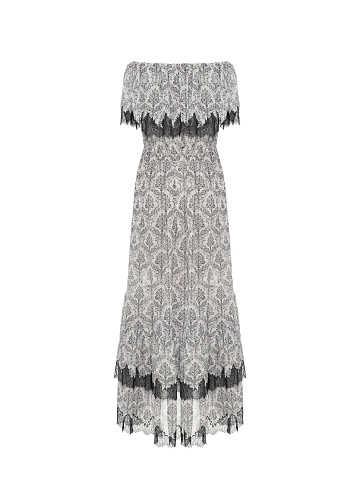 Gray & Black Printed Chiffon Dress With Lace, 2