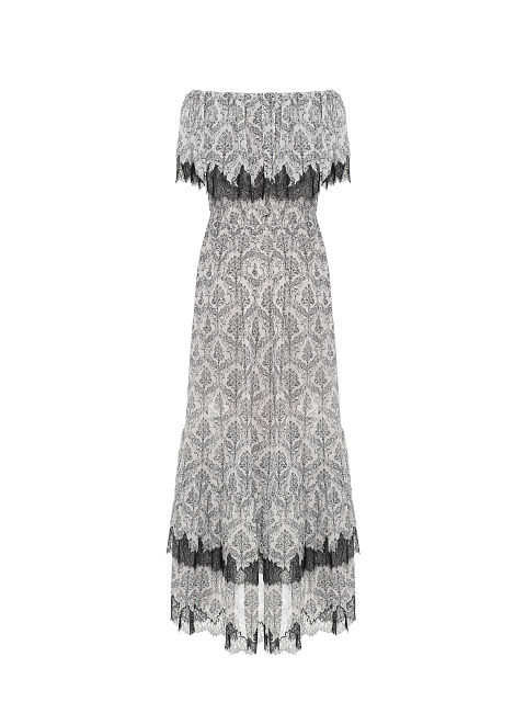 Gray & Black Printed Chiffon Dress With Lace, 2 Gray & Black Printed Chiffon Dress With Lace, 2