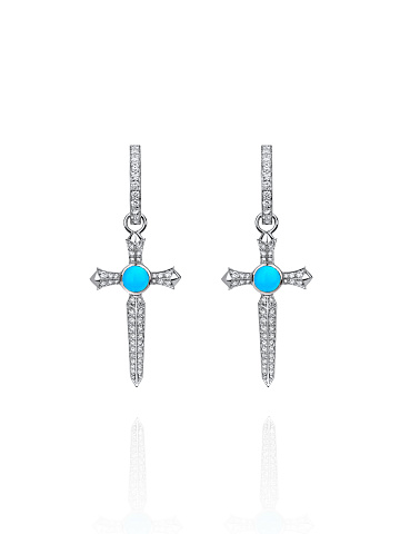 White Gold, Сabochon-cut Turquoise & Diamonds Cross Earrings, 1