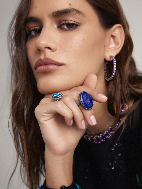 Oval Amethyst & Round Diamond & Black Gold Hoop Earrings, 4