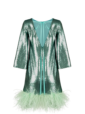 Green Sequined Feather-Trimmed Mini Dress, 2