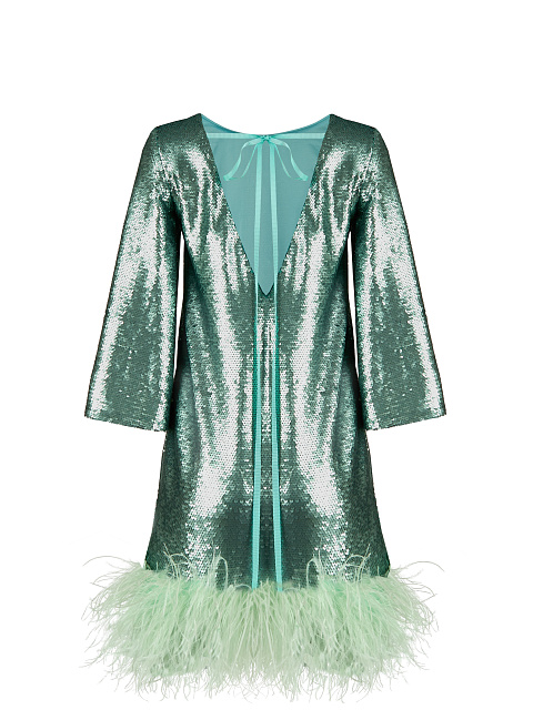 Green Sequined Feather-Trimmed Mini Dress, 2 Green Sequined Feather-Trimmed Mini Dress, 2