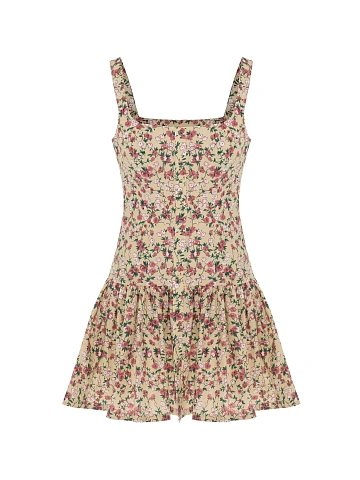 Beige cotton mini dress with pink floral print, 1