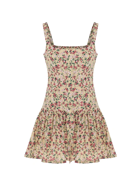Beige cotton mini dress with pink floral print, 1 Beige cotton mini dress with pink floral print, 1