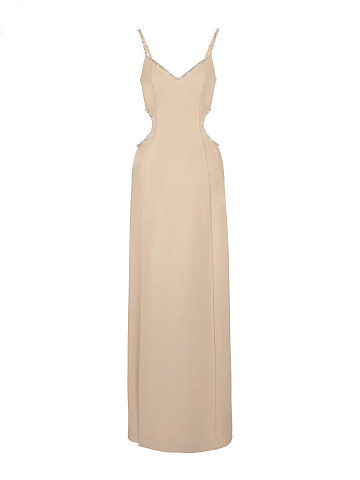 Crystals Embellished Beige Cut Out Maxi Dress, 1