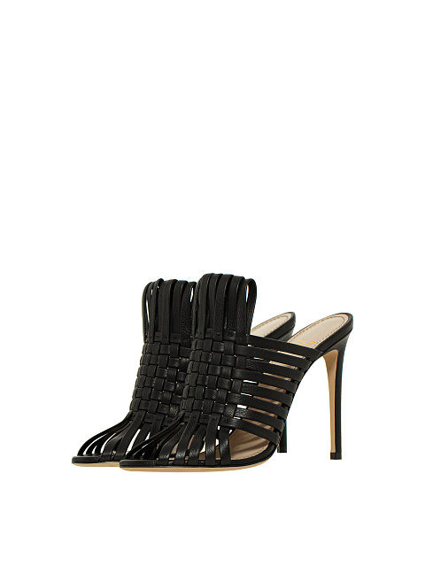 Black Woven Leather Heeled Mules, 1