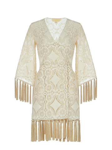 Beige Fringed Lace Cotton Wrap Mini Dress, 1