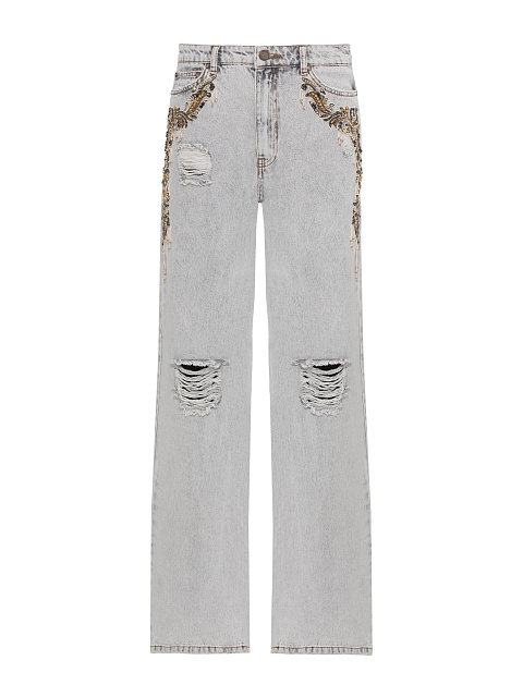 Distressed Light Grey Cotton Jeans, 1