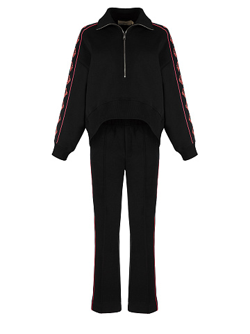 Black & Hot Pink Lily Embroidered Jersey Suit, 1