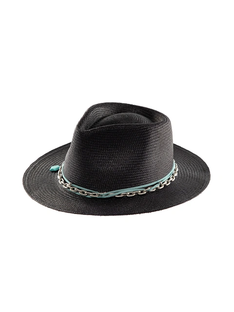 Black Straw Hat With Chain & Turquoise Star, 1 Black Straw Hat With Chain & Turquoise Star, 1