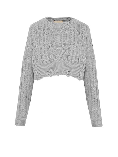 Light Grey Cotton Cropped Cable Knit Sweater, 1 Light Grey Cotton Cropped Cable Knit Sweater, 1