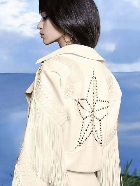 Python Leather Trimmed Fringed Biker Jacket
, 3